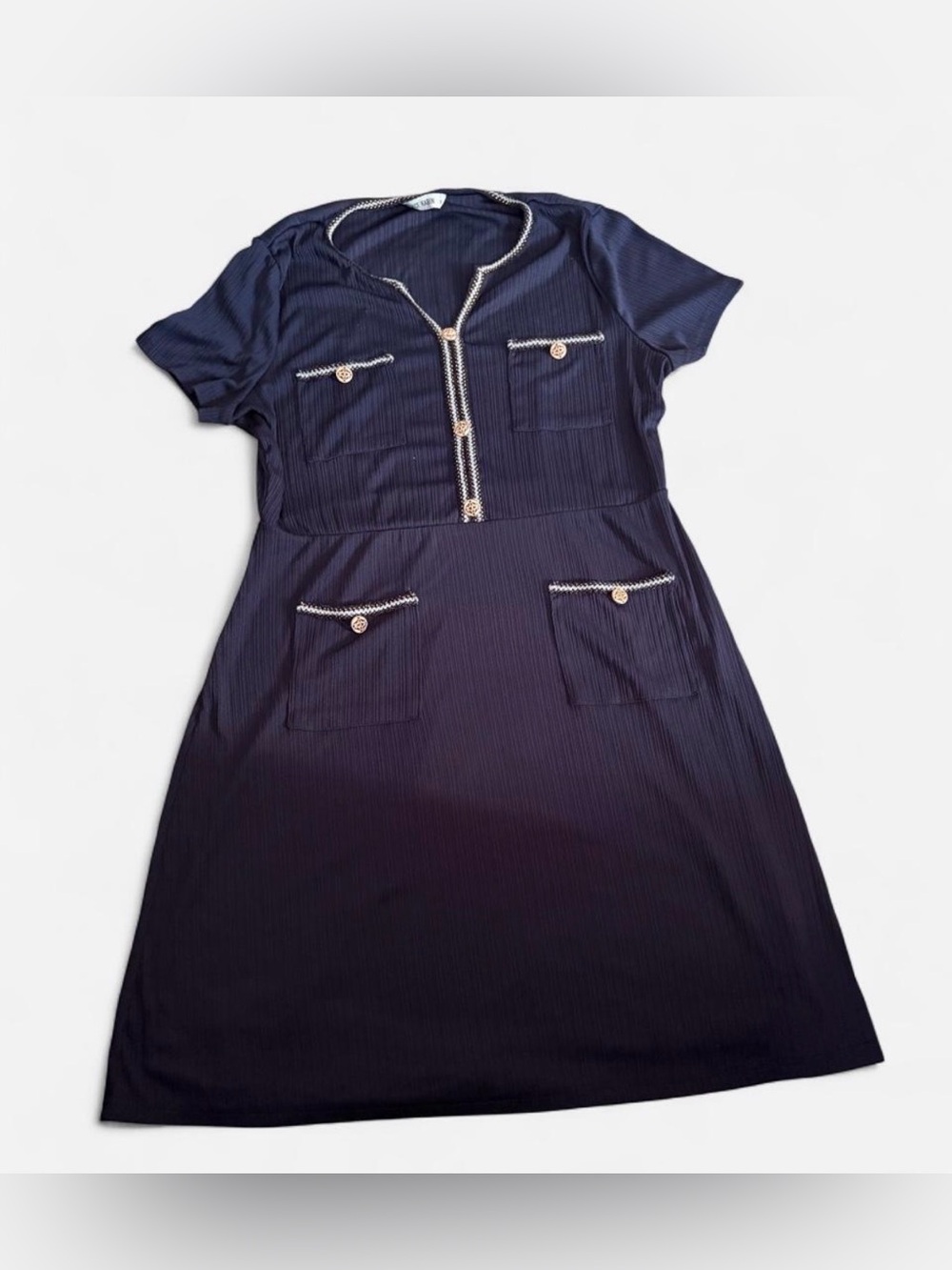Navy blue Grace Karin dress w/ thin vertical stripes